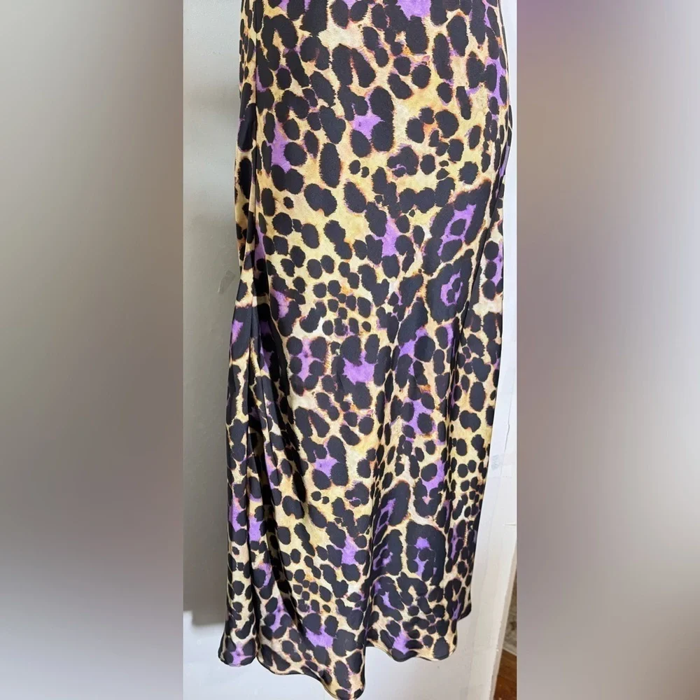 Zara Satin Effect Leopard Purple Slip Spaghetti Strap Midi Dress | Size S